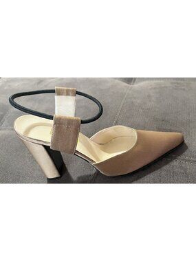 Matteo PITTI Italy Heels Size 6.5 Gold Champagne Satin 4" Block Heel Ankle Strap